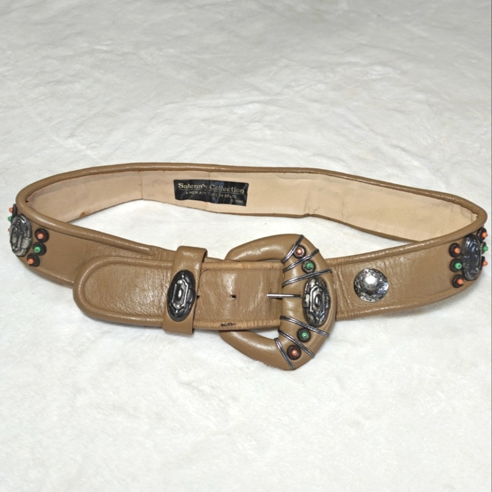 Salena's Collection‎ Womens Belt Leather Tan Jeweled Buckle Boho Vintage Y2K